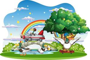 Happy duck group in nature scene vector