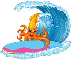 Squid on surfboard with ocean wave vector