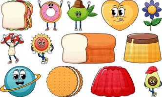 Set of objects and foods cartoon characters vector