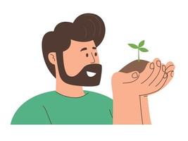 Man with hands that hold the soil with a seedling vector