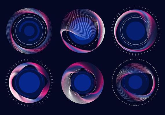 Abstract fluorescent neon gradient colors round shape decorating with mesh wavy lines pattern. Design for inserting message article background.