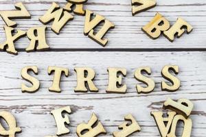 The word Stress is made up of wooden letters on a gray background. Minimalistic concept. Flat layout, top view. photo