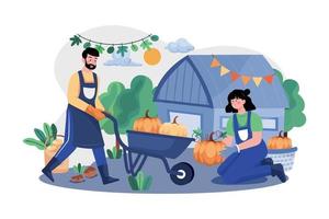 The Couple Is Preparing Pumpkins For Thanksgiving Day vector