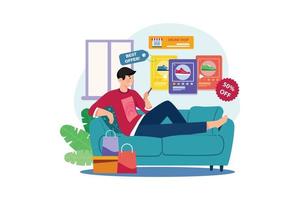 Man shopping online on commerce flatform at home. vector