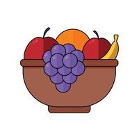 cuenco con frutas. ilustración vectorial simple en estilo plano con medias sombras, contorno aislado en fondo blanco. icono lineal de color de plato de fruta. cultivos de uva, manzana, plátano, naranja vector