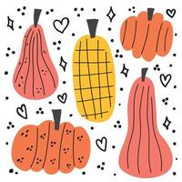 Cute hand drawn pumpkin doodle set. Different pumkin gourd decorated with lines, dots, hearts scribble. Simple autumn fall clip art collection. Thanksgiving, Halloween children design vector