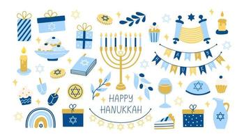 Big Hanukkah set. Collection of festive religious flat symbols with menorah, coins, donuts for design. Vector illustration on white background