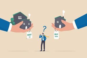 House buy or rent, making decision for owning property and real estate, long term debt or mortgage, investment or lifestyle choice concept, confused businessman making decision to buy or rent a house. vector