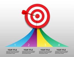 Red dart hit to center of dartboard with arrow for infographic. Arrow on target. Business success, investment goal, marketing challenge, financial strategy, purpose achievement, focus ideas concept. vector