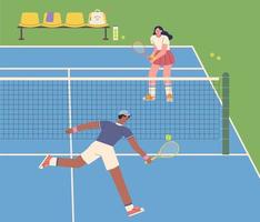 Two players are playing tennis on the tennis court. simple graphic design style flat vector illustration.