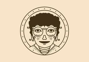 Vintage art illustration of a curly girl face wearing big round glasses vector