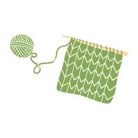 Knitted fabric on needles. Hand drawn vector illustration of knitting supplies, hobby items, needlework, leisure time
