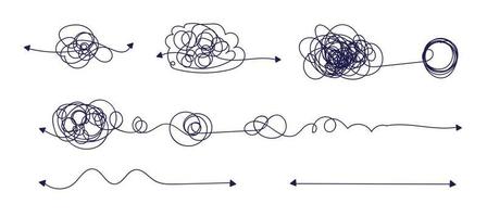 Chaos solving. Tangled lines turn into straight lines as a concept of chaos solving. Tangled and straight lines set. Vector illustration