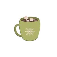 Hot chocolate with marshmallows. A cup with an ornament in the form of a snowflake. Vector illustration isolated on a white background