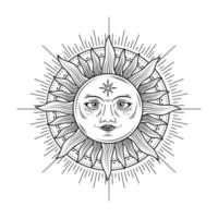 monochrome celestial sun with face logo design vector