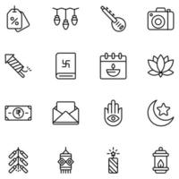 diwali thin black outline icons set vector