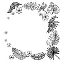 Frame made of silhouettes of tropical elements of strelitzia flower, hibiscus, monster leaves, etc. Hand-drawn doodle in sketch style. Square composition on white background vector