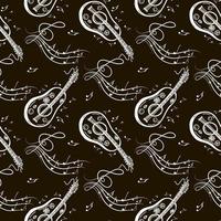 A seamless pattern of musical symbols, guitar, ukulele, notes, and violin keys. Hand-drawn doodle-style elements. Vector illustration on black background