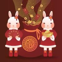 2 rabbits, one holding a gold ingot and the other holding a red envelope, standing in front of the lucky bag vector