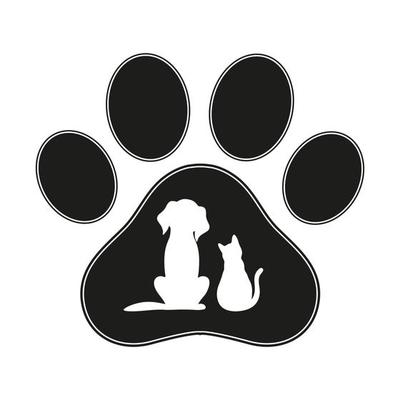 Silhouette of a dog and a cat on the background of a paw