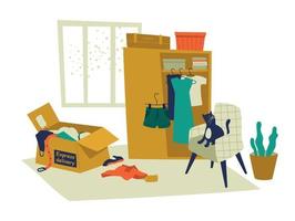 The interior of the apartment. Delivery box and closet with clothes. Shopping. Vector image.