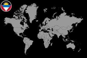pin mapa con bandera de antigua y barbuda en el mapa mundial. ilustración vectorial vector