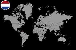 Pin map with Caribbean Netherlands flag on world map. Vector illustration.