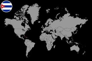 pin mapa con bandera de cuba en el mapa mundial. ilustración vectorial vector