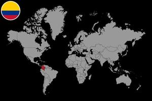 pin mapa con la bandera de colombia en el mapa mundial. ilustración vectorial vector