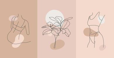 Vector set of line body silhouette illustrations, women and floral art . Minimalist linear female figure. Body positive cards, posters, prints, social net stories.