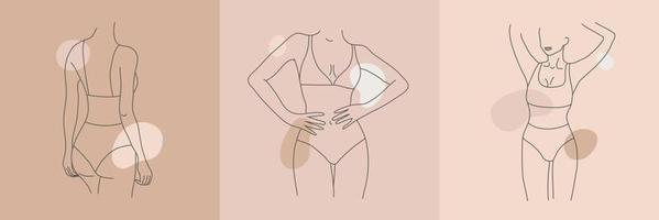 Vector set of woman body line art illustration. Minimalist female figures, lingerie posters, cards, social net posts. Abstract nude sensual line art. Women body silhouettes, nude colors. Body positive