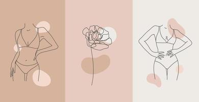 Vector set of line body silhouette illustrations, women and floral art . Minimalist linear female figure. Body positive cards, posters, prints, social net stories.