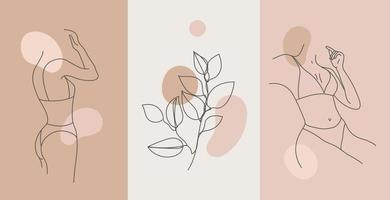 Vector set of line body silhouette illustrations, women and floral art . Minimalist linear female figure. Body positive cards, posters, prints, social net stories.