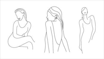 Vector set of abstract minimalistic female figures, line style. female body illustration. Use for social net stories, beauty logos, poster illustration, card, t-shirt print. Linear woman art