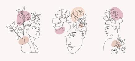 conjunto vectorial de caras de mujeres, ilustraciones de arte lineal, logos con flores y hojas, concepto de naturaleza femenina. uso para estampados, tatuajes, carteles, textiles, logotipos, tarjetas, etc. caras de mujeres hermosas vector