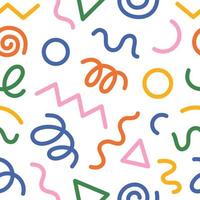 Seamless pattern of funny colorful doodle lines. A creative artistic background in a minimalist style for children or a fashionable design with basic shapes. Memphis Style vector