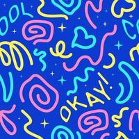 Seamless pattern of bright neon doodle lines. Creative artistic contemporary background in the style of the 90s. Trendy design with abstract psychedelic geometric  weird shapes. vector