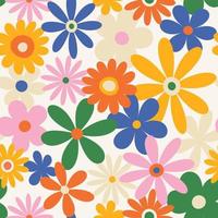 Trendy floral pattern in the style of the 70s with groovy daisy flowers. Vintage style. Bright colorful colors. Retro floral vector design y2k.