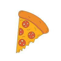 Pizza slice with pepperoni sausage Vector illustration isolated on a white background. Trendy vintage style of the 70s. A colorful design element or icon.