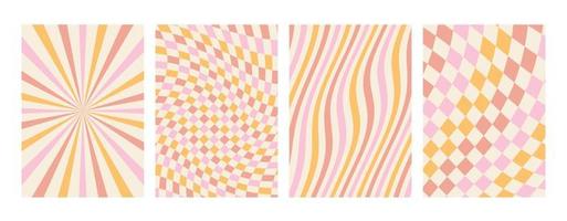 Groovy rainbow pastel backgrounds. Chessboard, grid, waves, swirl, vortex pattern.. Twisted and distorted vector texture in a trendy retro psychedelic style. The aesthetics of the hippies of the 70s.