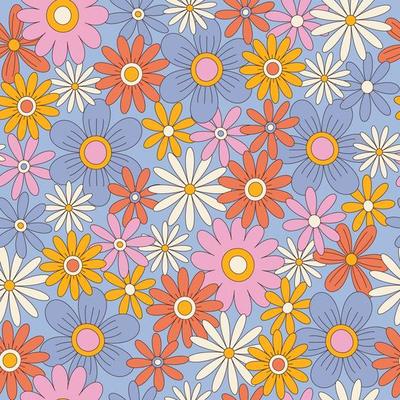 The power of flower, retro pattern, modern, floral, vintage, 70s, yellow, pink, blue, flowers, fabric, wrapping paper