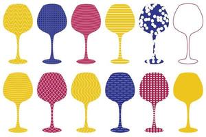 A set of simple red wine glasses with different filling of abstract and geometric shapes. Vector illustration.