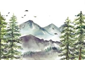 Mountain and pine trees watercolor