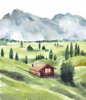 Green nature landscape with house and mountain watercolor vector