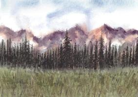 Nature landscape with mountains and pine forest watercolor