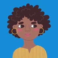Portrait of a casual smiling black woman with afro. Vector flat illustration of a young girl with hoop earrings looking sideways. A lady in striped tunic. Hand drawn cartoon avatar for social network.