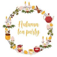 Autumn wreath with elements for tea party, Christmas candles, honey and lemon with space for text. Vector illustration isolated white background.