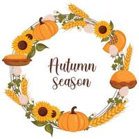 Autumn wreath with wheat, pumpkin and sunflower with space for text. Vector illustration isolated white background.