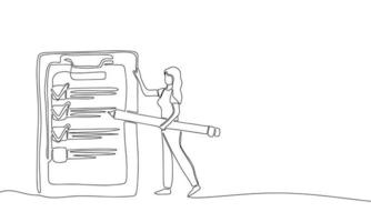 Hand draw line art human business illustration. Woman with big pencil before big to-do list. Vector illustration. Without color.