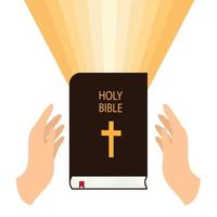 Two European hand before Holy Bible. Lights from book. Study bible. Vector illustration.